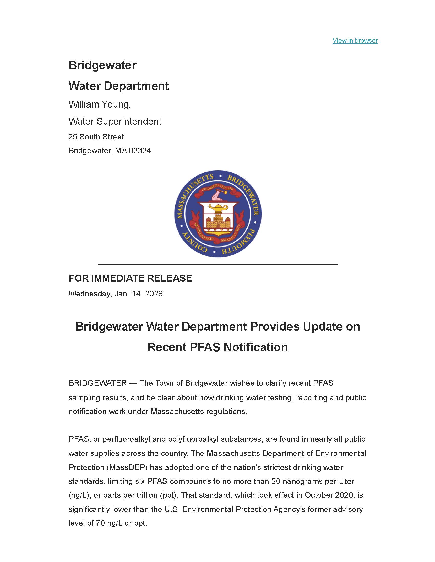 Bridgewater PFAS Notification Update Page 1